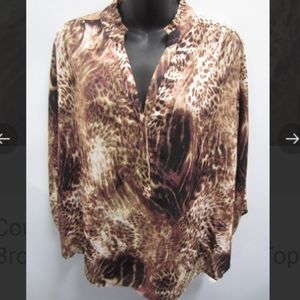NWT COUNTERPARTS Rose Animal Print Ruffled-Collar 3/4-Sleeve Blouse Tunic Blouse
